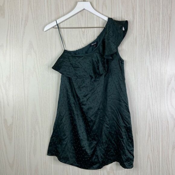 Madewell One-Shoulder Dress Green 100% Silk Green Polka-Dot Size 2 - Picture 2 of 7